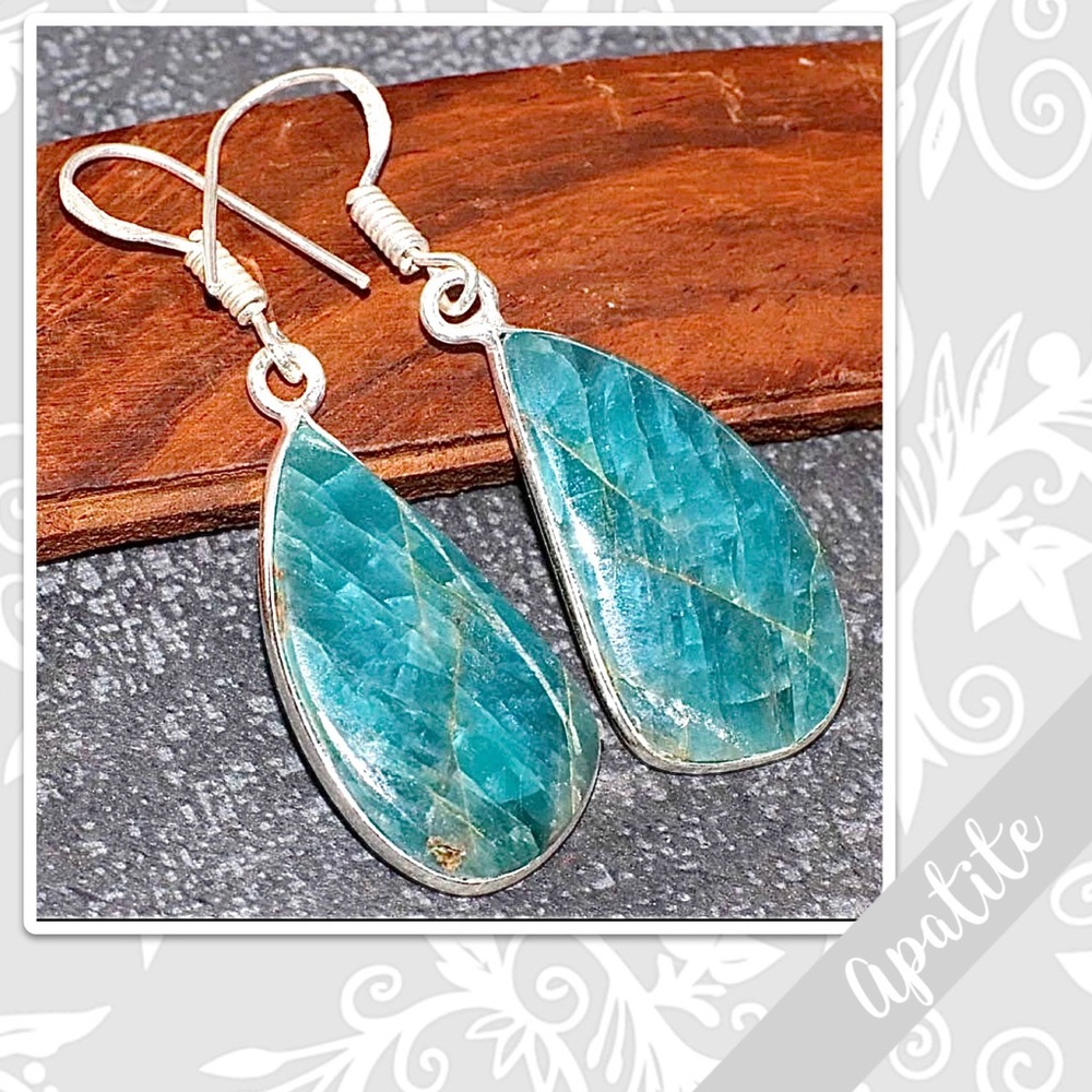 Apatite Large Silver Artisan Drop Dangle Earrings, 1.8” (Turquoise / Aqua Blue)